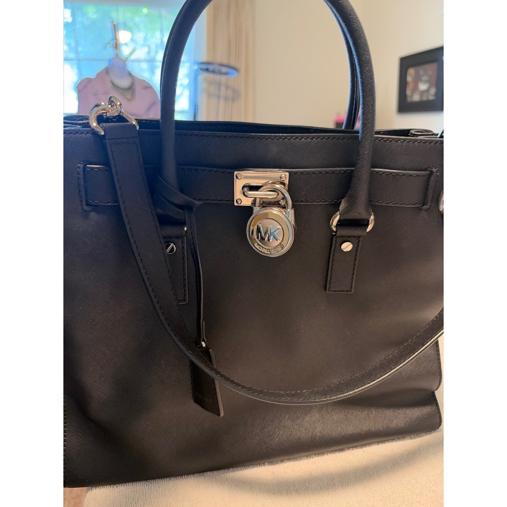 MICHAEL Michael Kors Hamilton Saffiano Leather NS Tote Bag Black Silver Lock